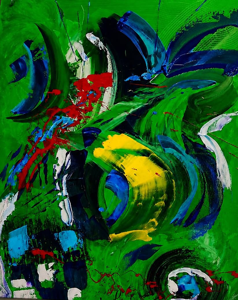 Green — toile abstraite d'Alfred, accrochée dans la salle